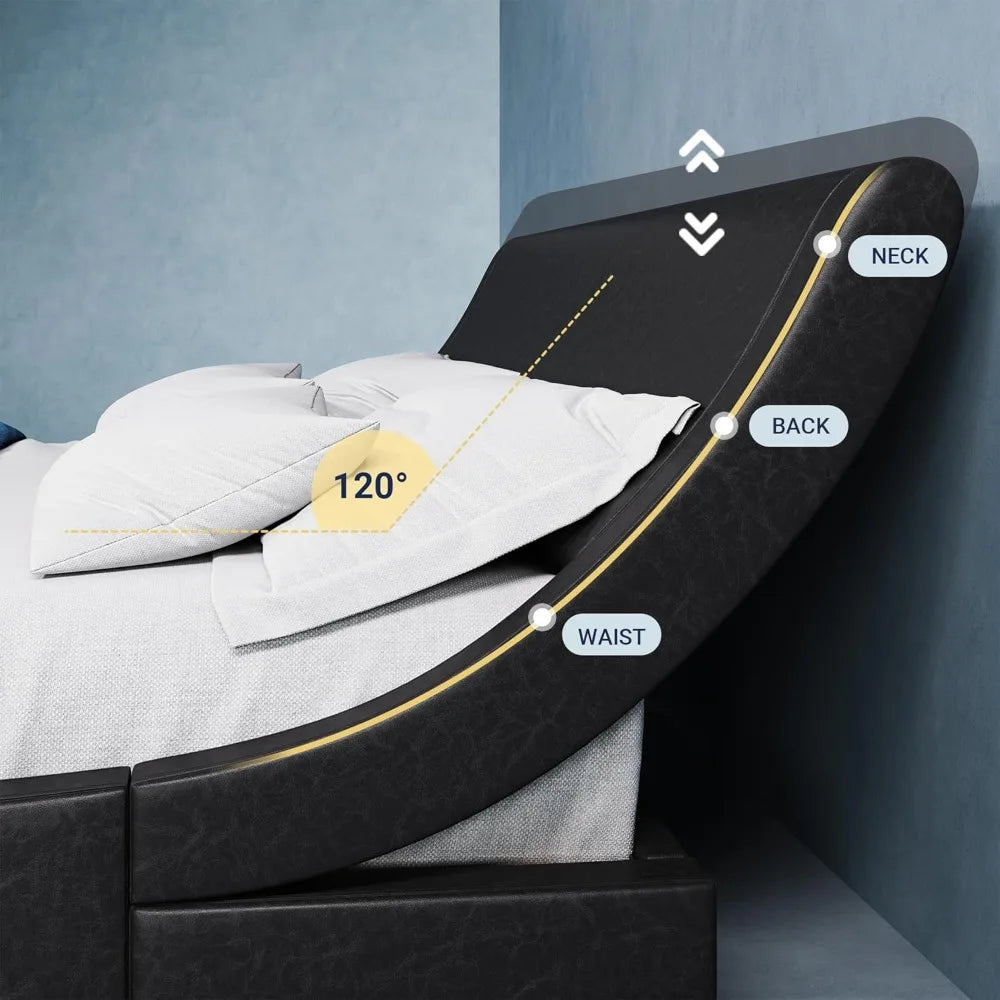 Upholstered Queen Size Platform Bed Frame – Modern Low Profile Sleigh Bed with Adjustable Faux Leather Headboard