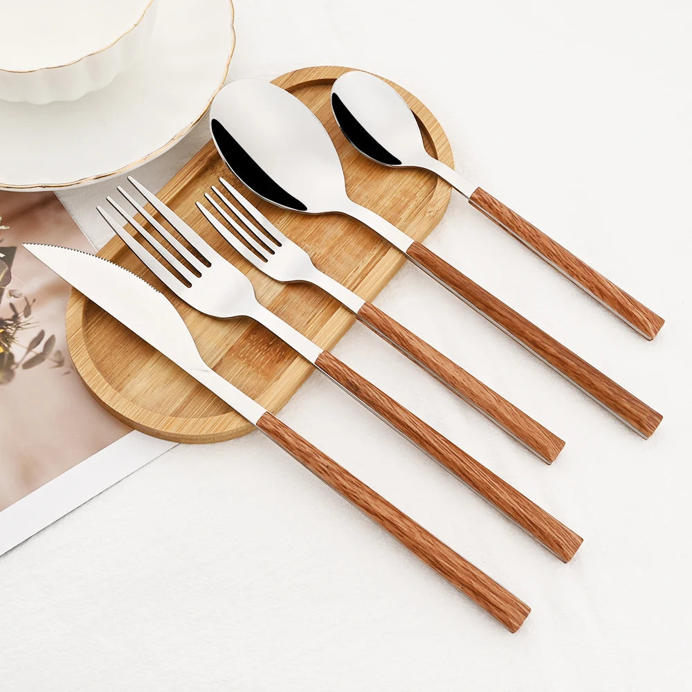 20Pcs Creative Rose Tableware Imitation Wood Handle Cutlery Set Knife Dessert Fork Spoon Dinnerware Set Stainless Steel Flatware