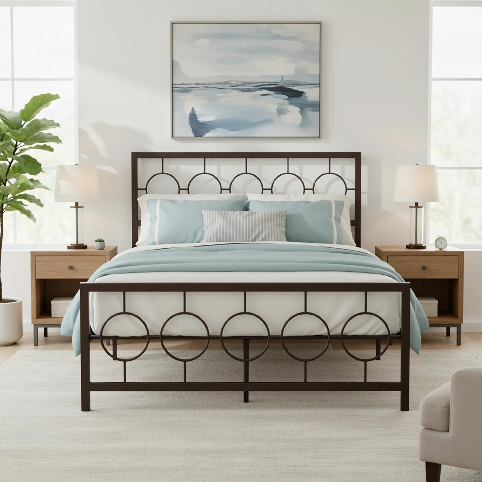 Metal Platform Bed Frame with Vintage Circular Headboard & Footboard, Extra Under-Bed Storage, No Box Spring Needed