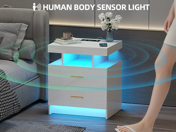 JDPAG LED Nightstand, RGB Black Night Stand with USB/Wireless Charging Station, Modern Bedside Table has Auto Sensor RGB Lights