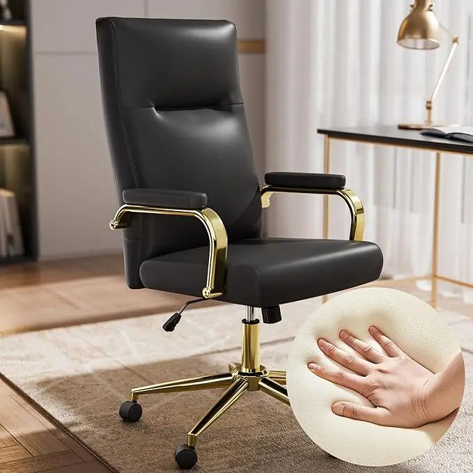 White and Gold Office Chair Memory Foam, White Leather Computer Desk Chairs with Wheels and Arms, High Back Executive Office Cha