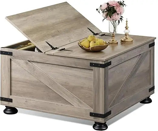31.5” Farmhouse Square Coffee Table – Wood Center Table with Flip-Top Lids & Hidden Storage