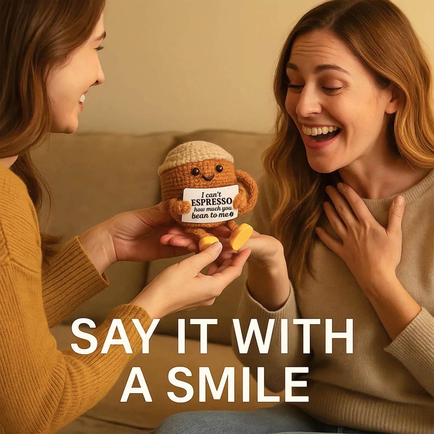 Handwoven Positive Energy Coffee Cup Plush – Funny Knitted Doll Desk Decoration