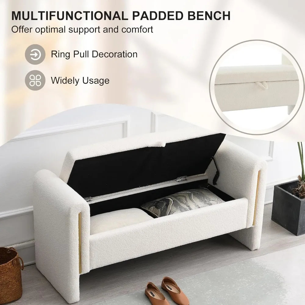 Teddy Upholstered Storage Ottoman Bench – 52″ with Armrests & Pull Ring