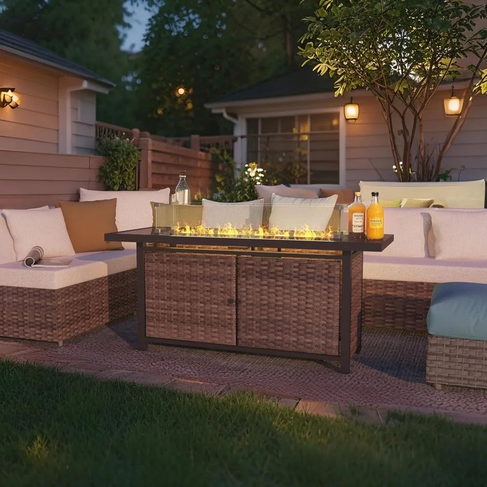 52 Inch Outdoor Propane Gas Fire Pit Table, 50000 BTU Rectangle Propane Fire Pit with Glass Wind Guard, Tempered Glass Top and W