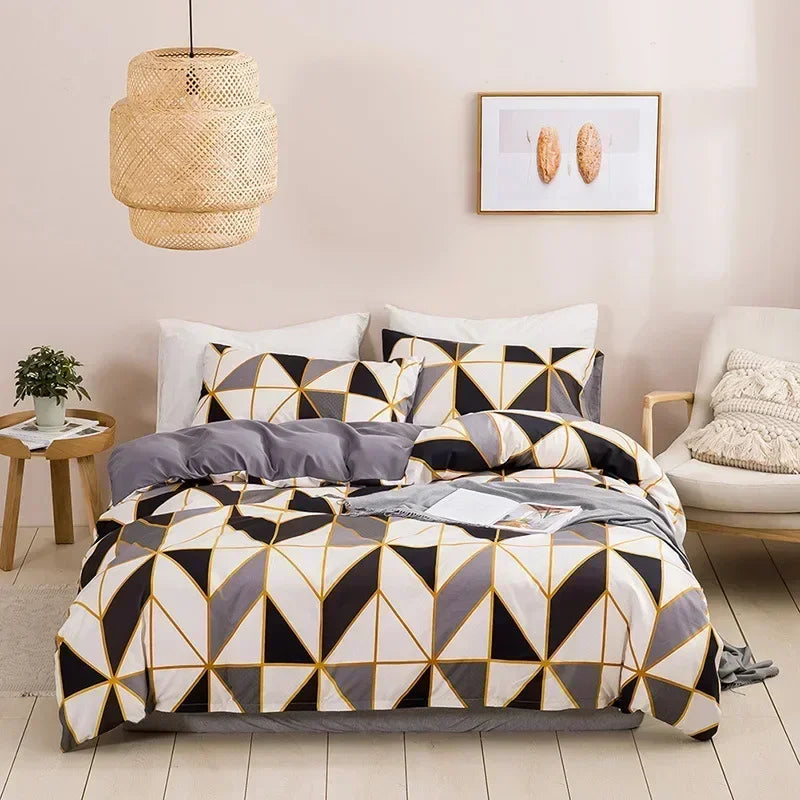 Brushed Print Blue Golden Diamond Duvet Cover Set Geometric Pattern Bedding Set for Hotels Schools Bedroom Soft Comforter Cover