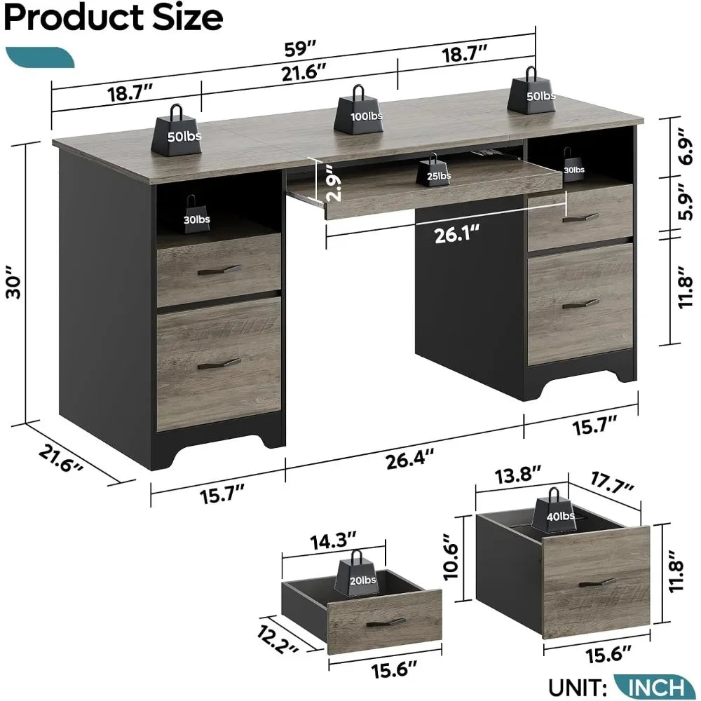 Industrial Executive Computer Desk with 4 Drawers, File Drawer, Keyboard Tray & Dual Pedestals