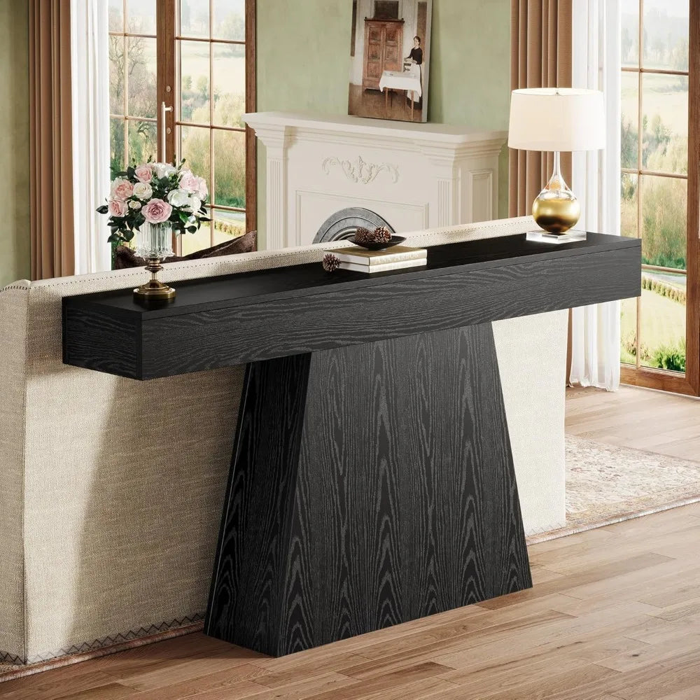 63 Black Console Table, Farmhouse Entryway Table with Trapezoidal Base, Narrow Long Wood Sofa Table Behind Couch