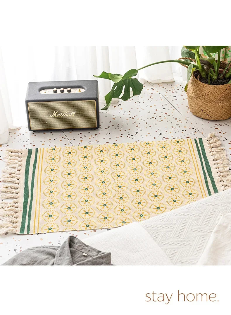 Nordic Cotton And Linen Knit Rug Ethnic Style Carpet Tassel Small Rug Bedroom Kitchen Rugs Mat Boho Washable Home Decoration