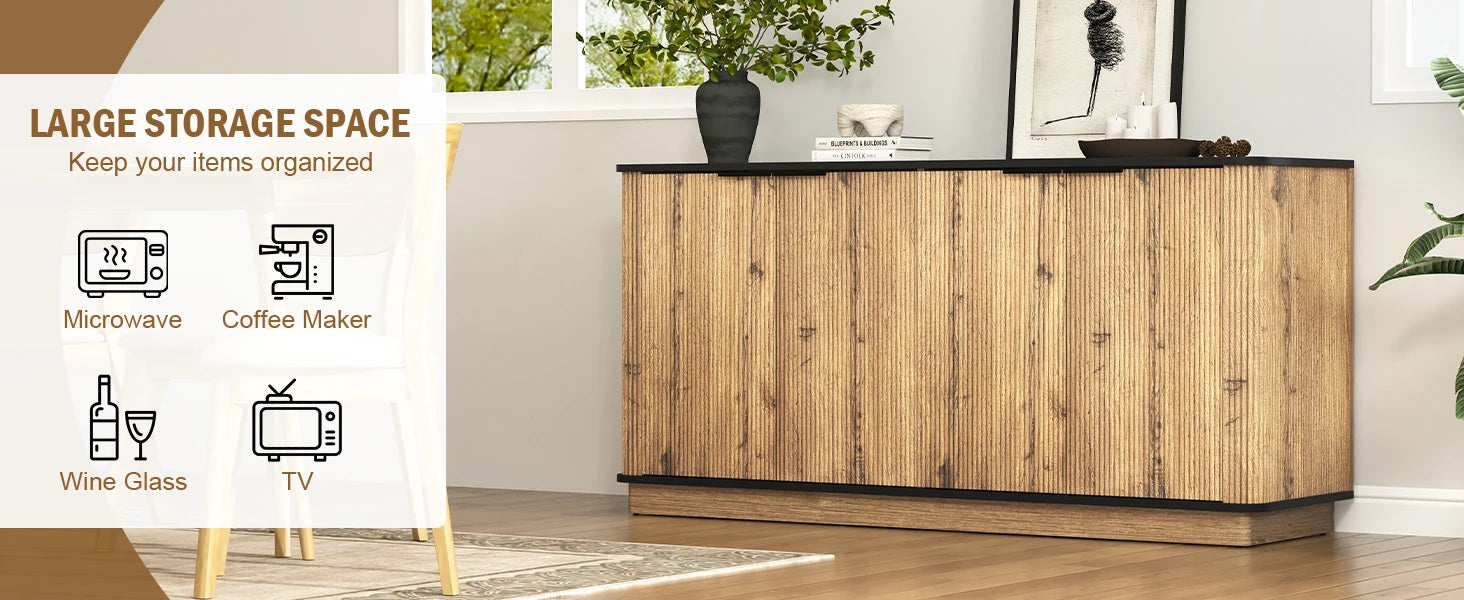 Sideboard Buffet Cabinet with Storage,59'' Walnut Fluted Kitchen Storage Buffet Cabinet with 4 Doors,TV Stand Accent Sideboard
