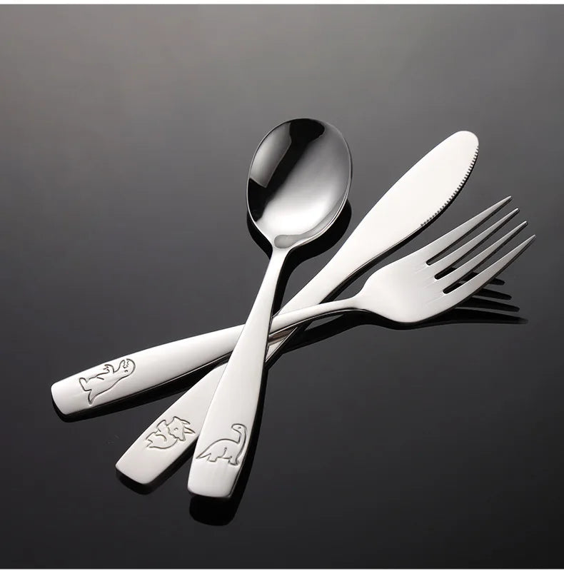 304 Stainless Steel Children's Tableware Set with Pieces Featuring Dinosaur Patterns, Affordable Including Knives Forks Spoons