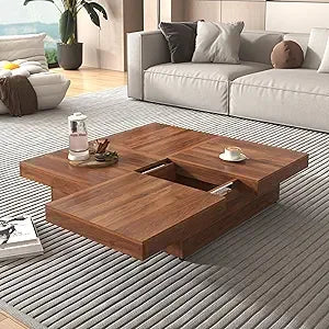 Modern Marble-Veneer Coffee Table with Sliding Top & Hidden Storage