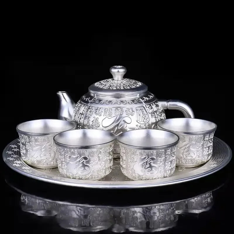 High-Grade Hand-Gilt Silver Tea & Wine Set – Silver-Plated Teapot with Chinese Wine Glasses