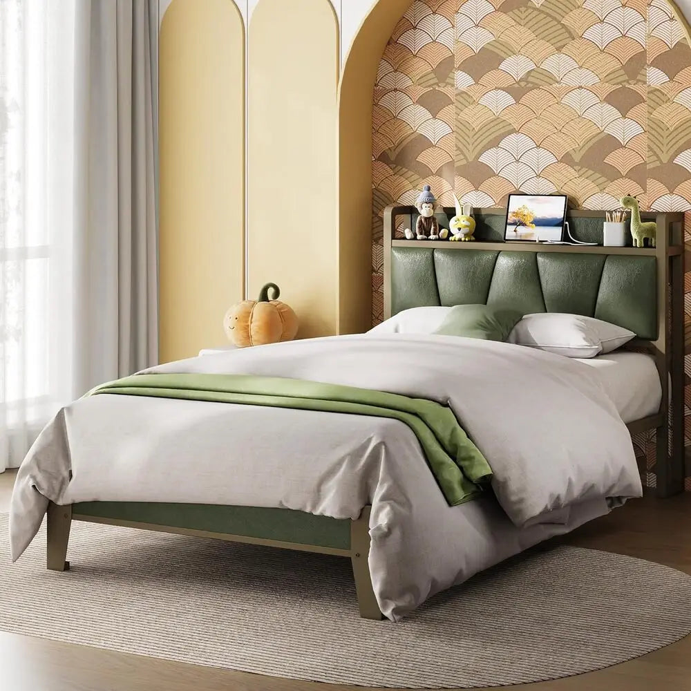 Bed Frame with Storage Headboard & Charging Station – Twin / Queen