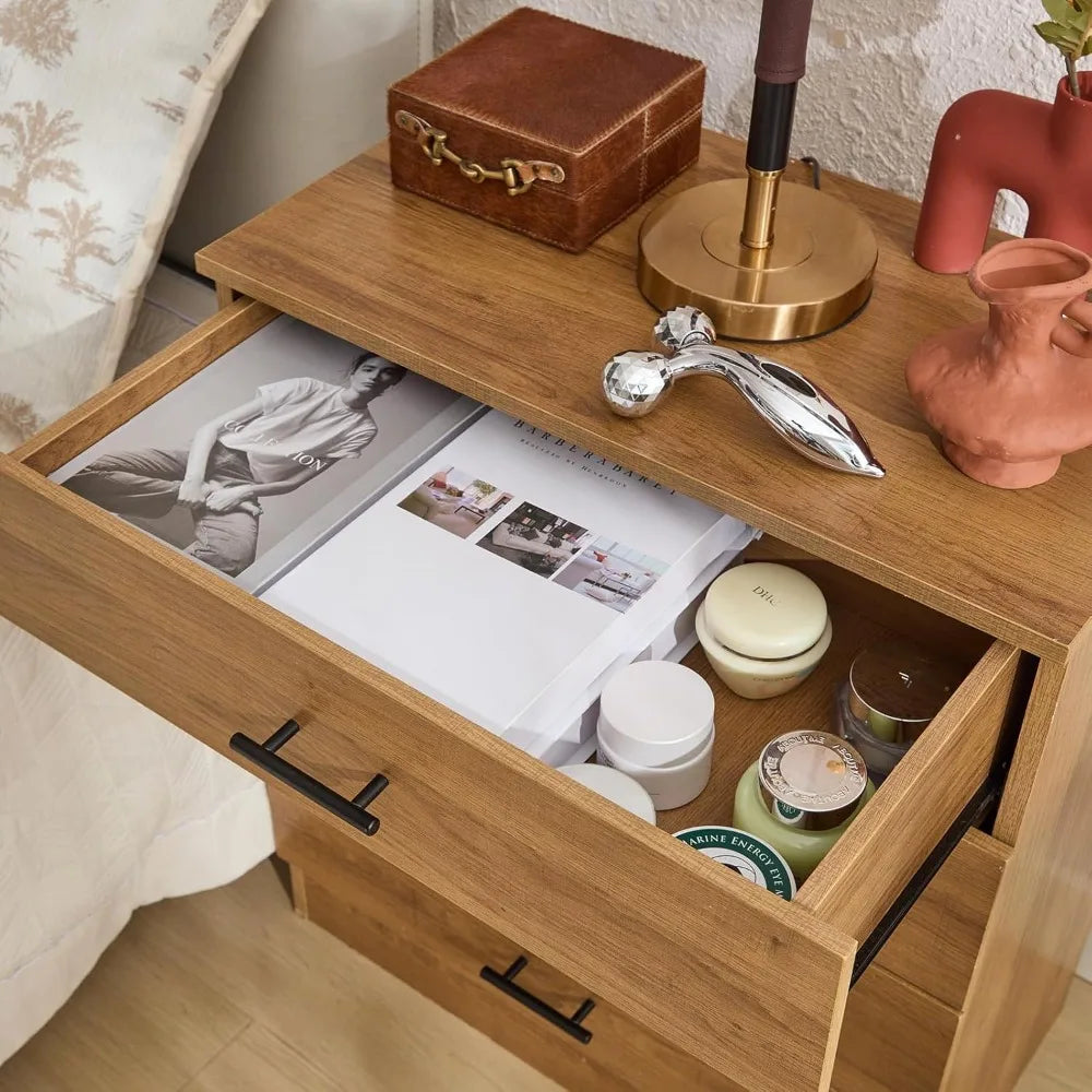 Oak Wooden Nightstand with 4 Drawers Tall Nightstands End Table Modern Bedside Table Storage Cabinet Organizer Unit for Bedroom