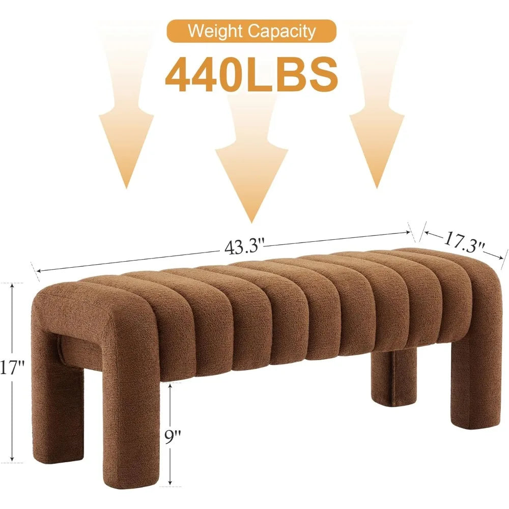 Upholstered Sherpa Bench – Rust Brown Padded Ottoman