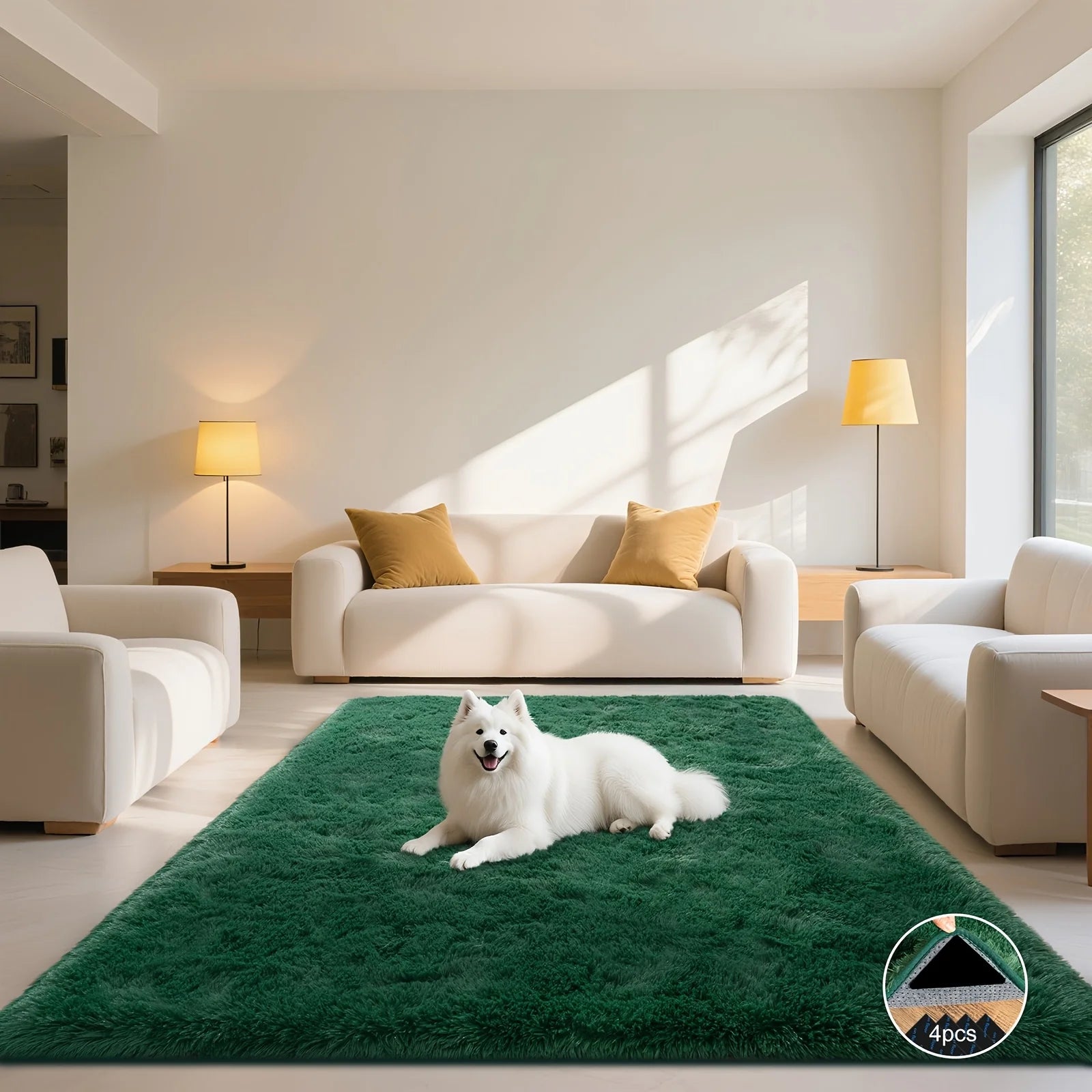 Dark Green Soft Shaggy Non-Slip Rugs for Living Room/Bedroom/Nursery – Luxury Plush Carpet with 4 Rug Stickers, Ideal Room Decor