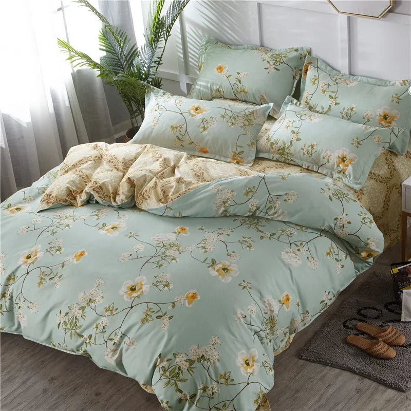 White Green Botanical Floral Duvet Cover Set Queen Reversible Gold Paisley Pattern Bedding Set Soft Microfiber Comforter Cover