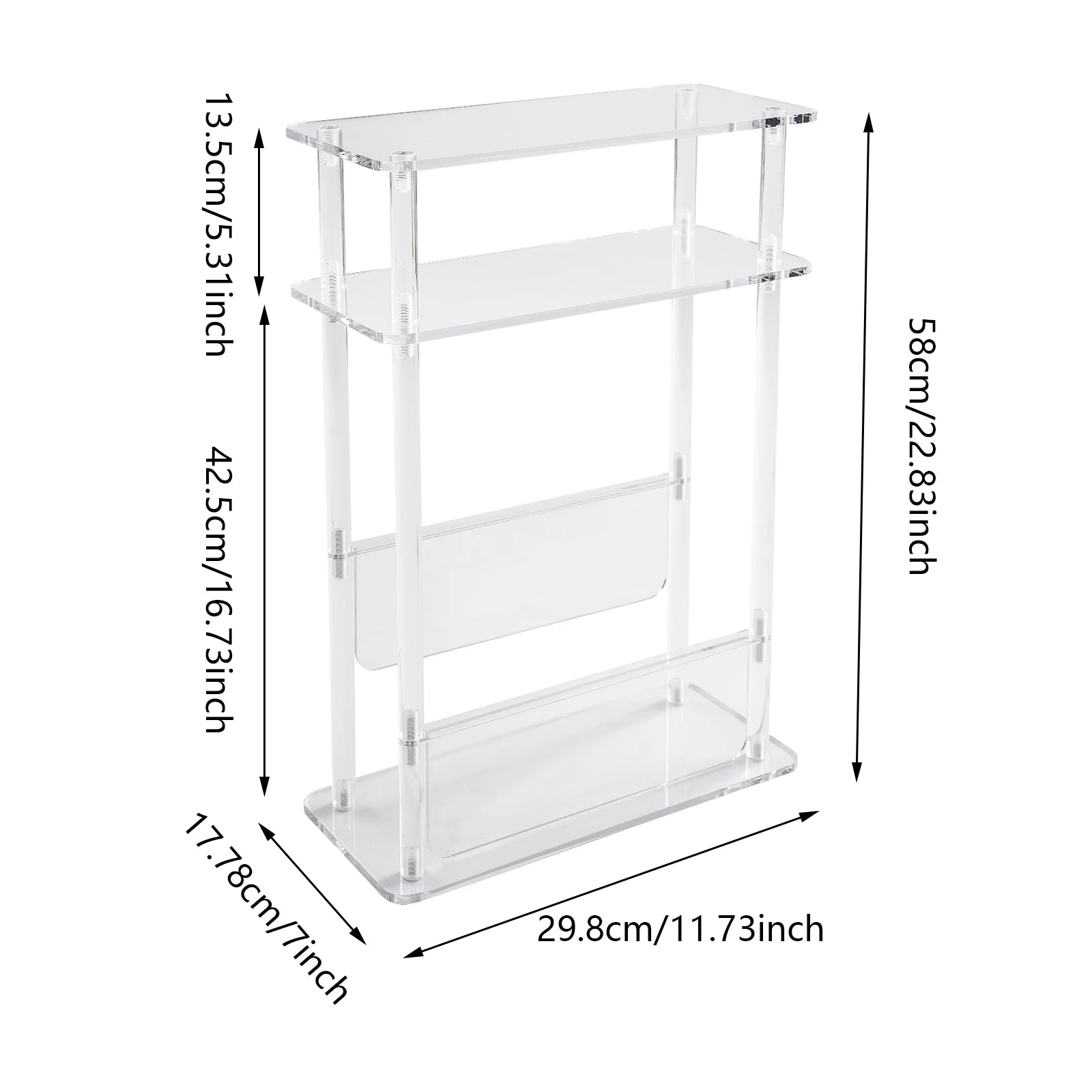 3 Tier Clear Acrylic Small Side Table Acrylic Narrow End Table for Small Spaces Slim Bedside Table with Magazine Holder