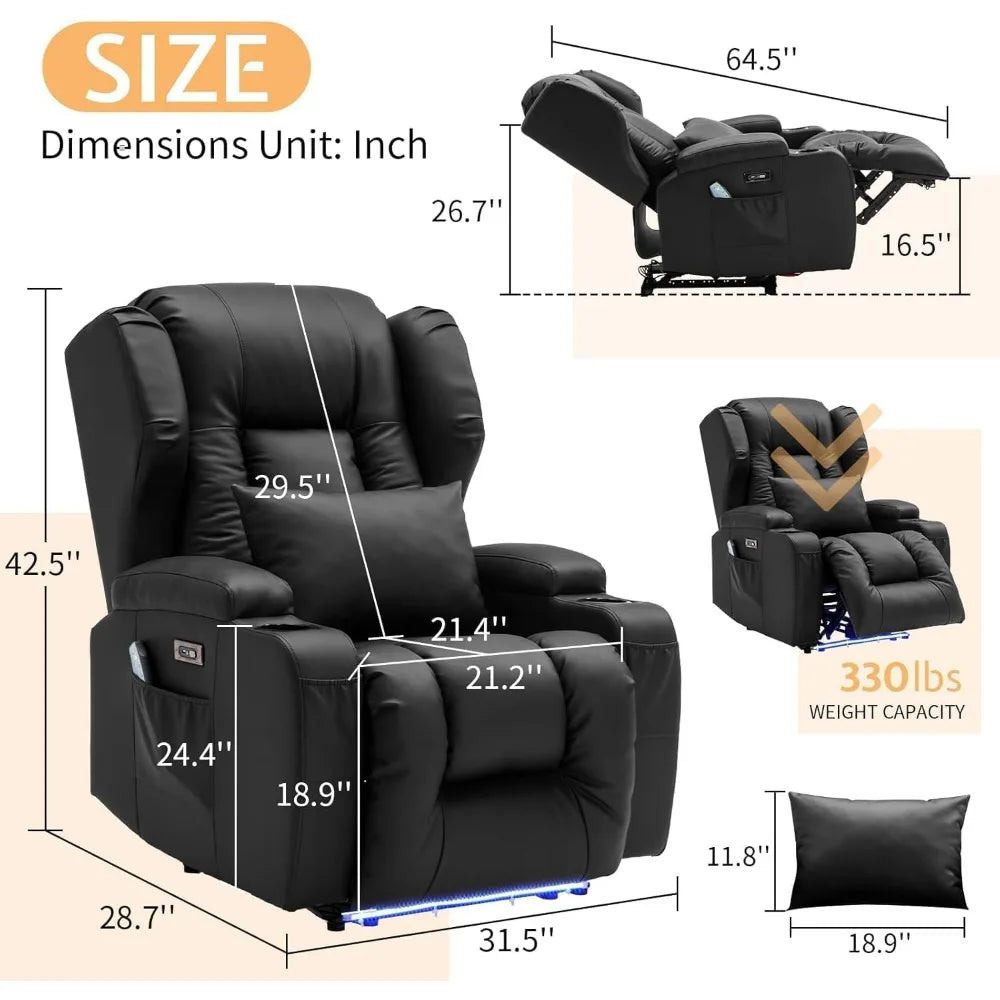 Electric Power Recliner Chair with Massage & Heat - Ergonomic Wingback Lounge Sofa Chair for Living Room, Home Theater Seating