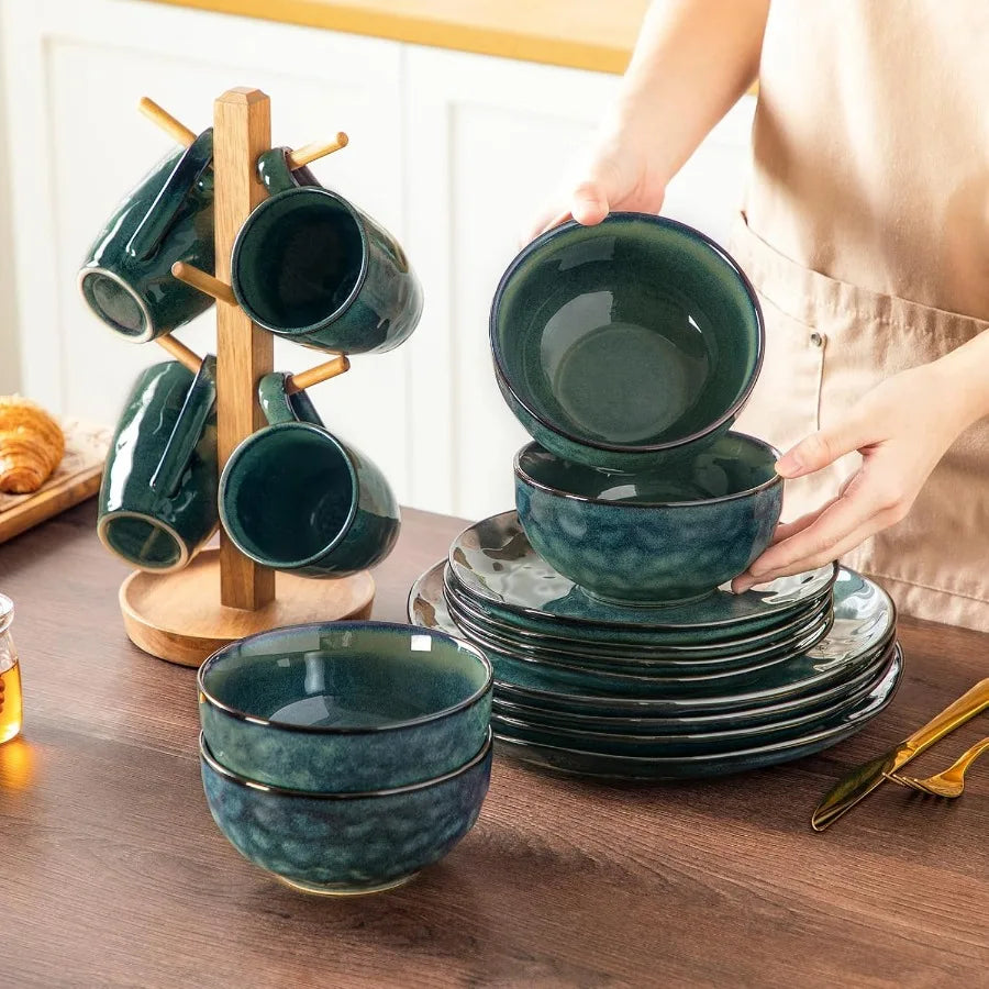 Starry 16 Pieces Green Dinnerware Set Reactive Glaze Dinner Sets Plates and Bowls Set for 4 16 Pcs Ceramic Dish Set Stoneware