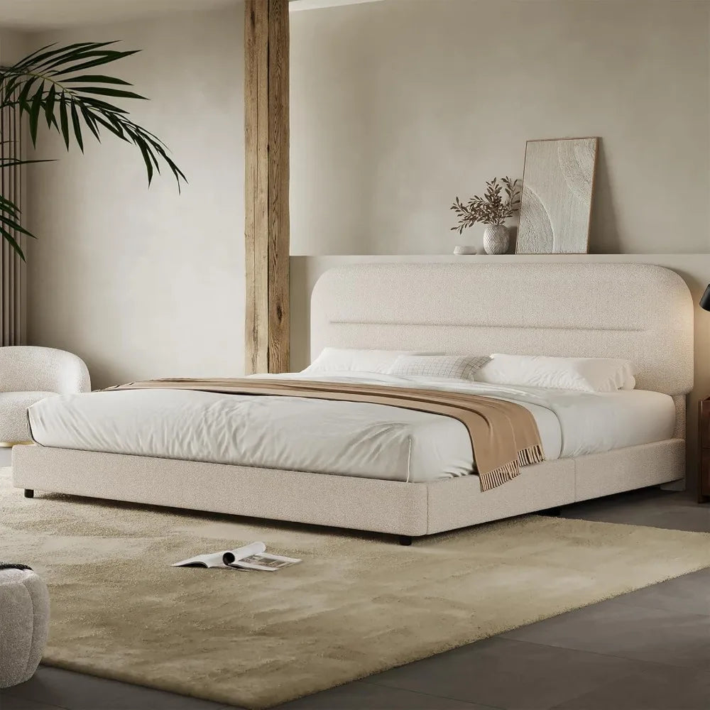 King Size Upholstered Bouclé Bed Frame – Soft Cloud Bed with Headboard & Thickened Footboard
