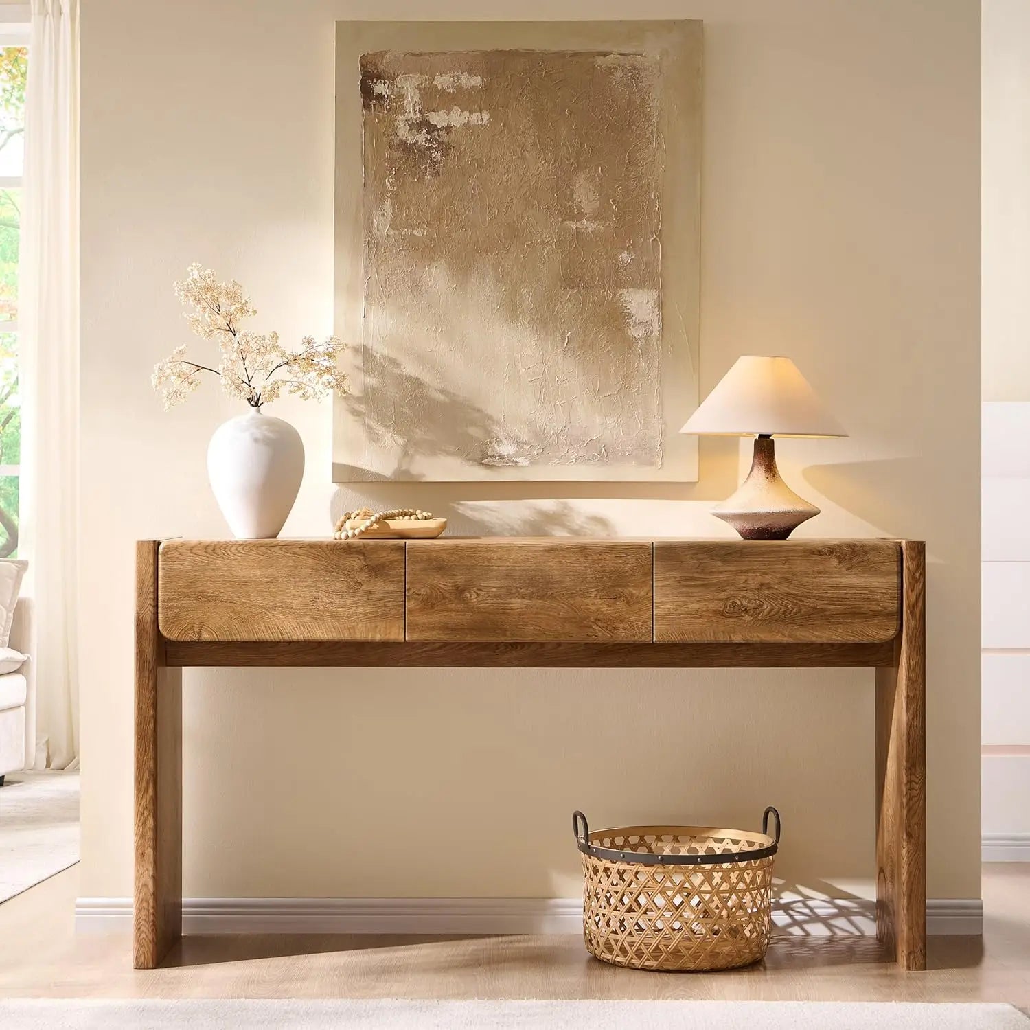 63'' Console Table with 3 Drawers, Farmhouse Entryway Table with Rounded Corners, Console Table Behind Couch for Living Room