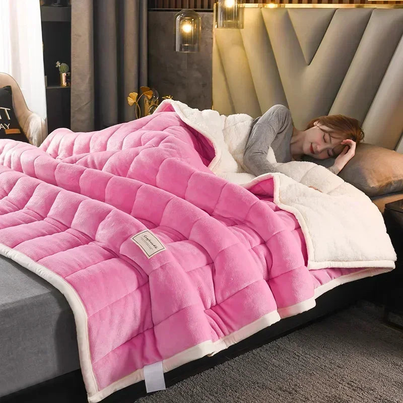 New Flannel Fleece Autumn Winter Warm Blanket 3 Layers Thicken Imitation Lambswool Blankets for Bed Quilt Soft Warmth Comforter