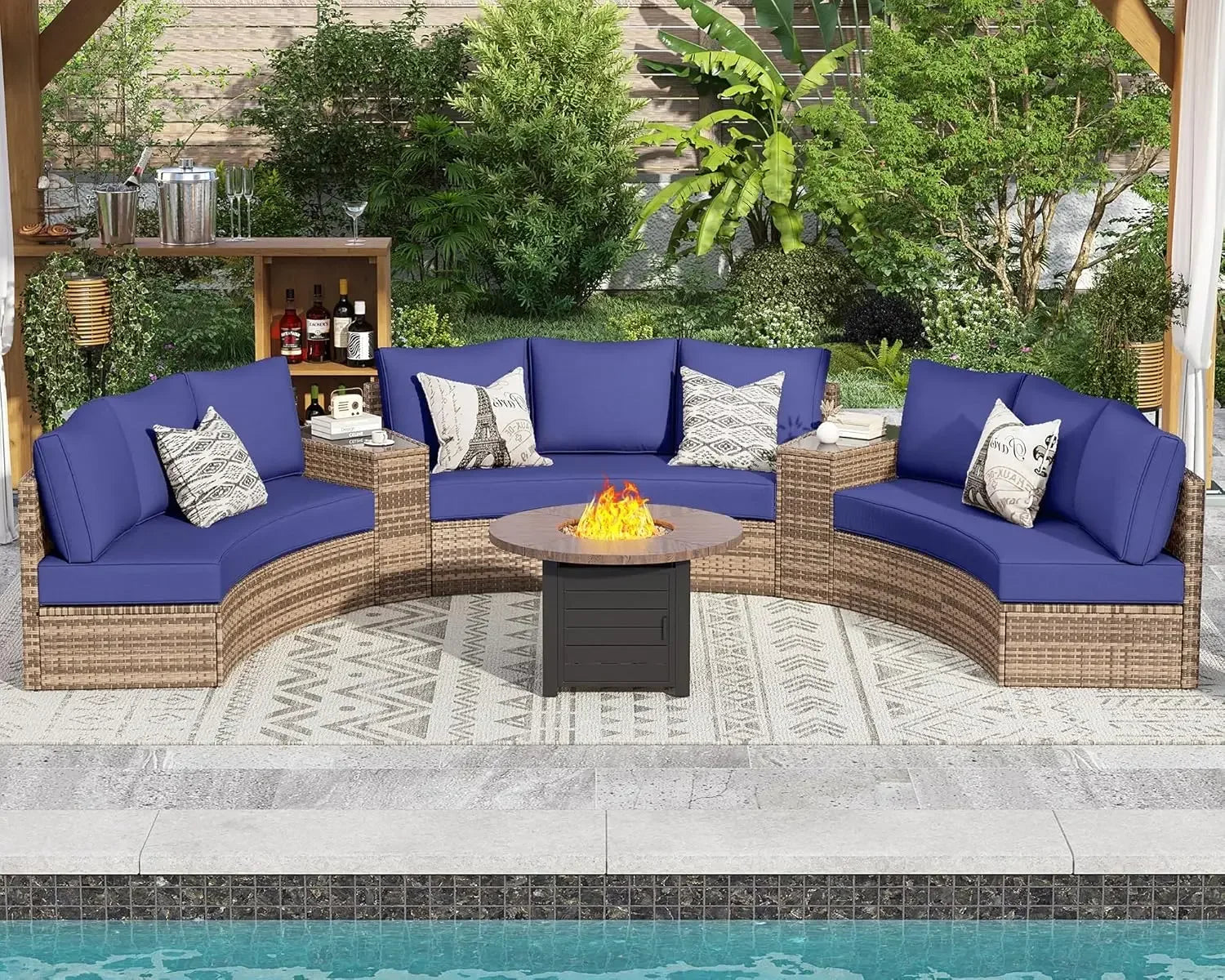 Patio Conversation Set, 11 Piece Half-Moon Sectional Round Patio Furniture Set, with Large Storage Wedge Table Wicker