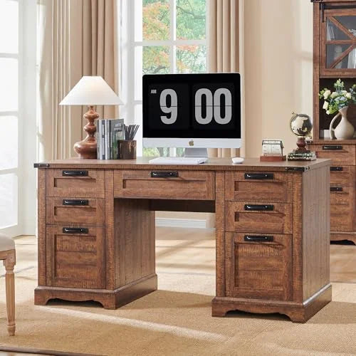Farmhouse Executive Desk with Drawers, Wood Home Office Desk w/Charging Station, Keyboard Tray, File Drawer, Storage Cabinet