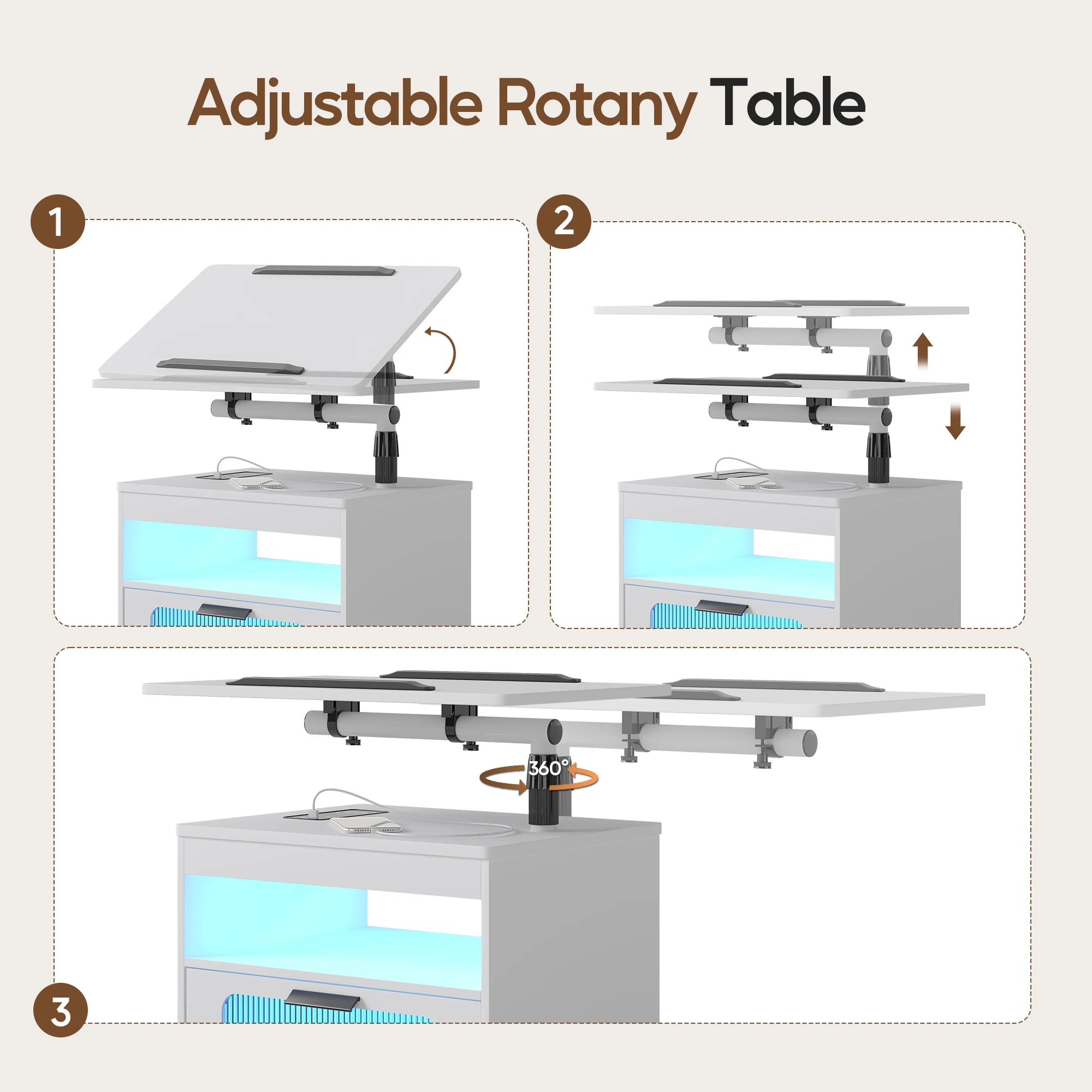 Nightstand with Wireless Charging Station, LED Nightstand Has Adjustable Rotary Workstation,Smart Night Stand