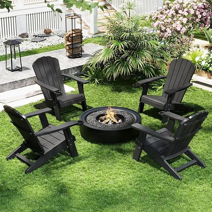 Set of 4 Weather-Resistant Plastic Adirondack Chairs with Cup Holders, HDPE Outdoor Furniture