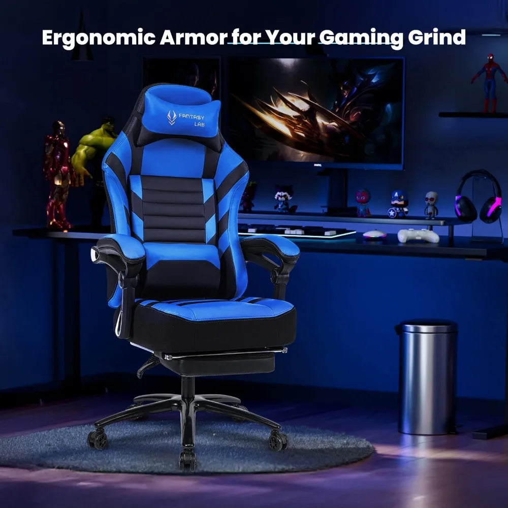 Big & Tall Gaming Chair with Footrest, 400lb Capacity, Massage Feature, Memory Foam, Adjustable Tilt, High Back Leather, Ergono