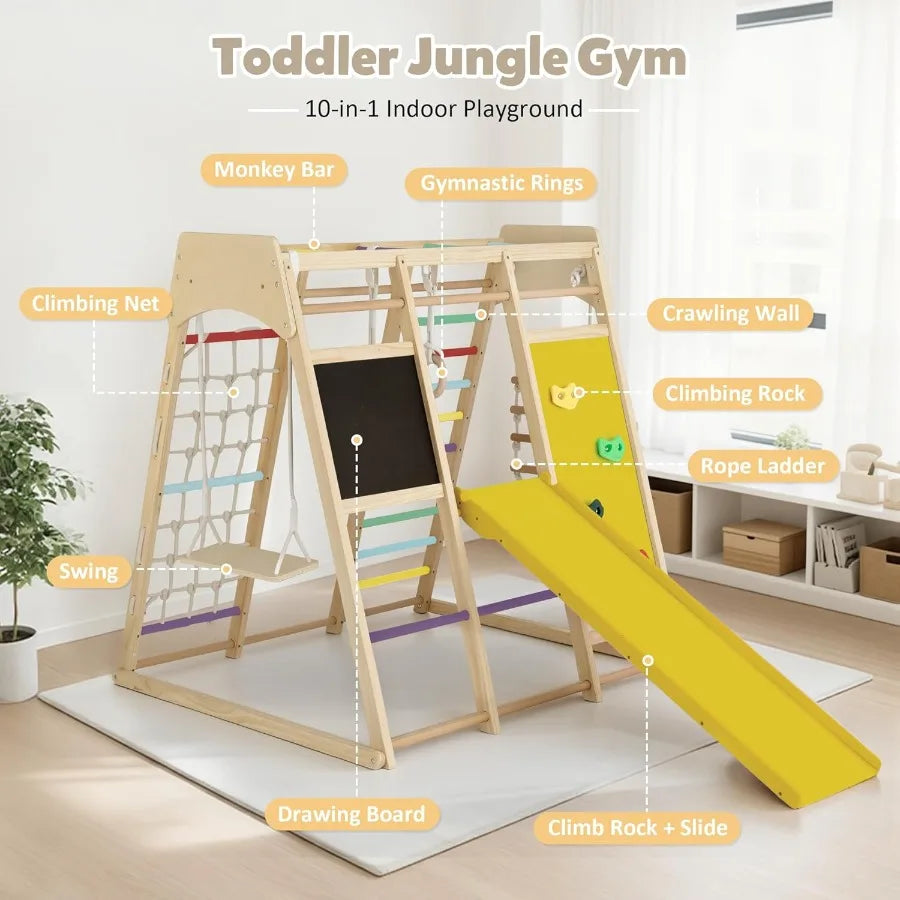 10-in-1 Wooden Montessori Indoor & Outdoor Jungle Gym – Climbing Set with Swing & Slide