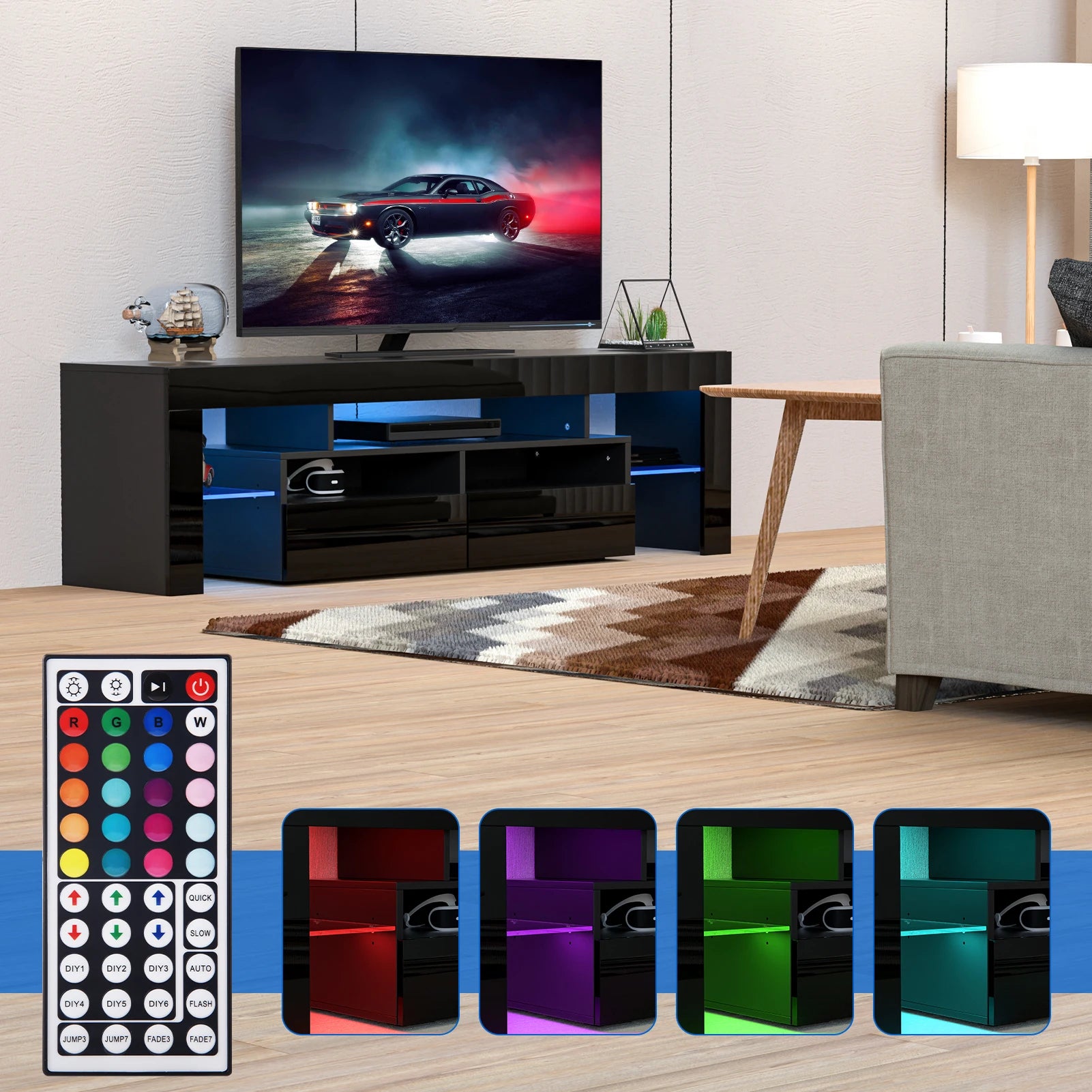 71IN LED TV Stand for 75/70/65 inch TV Modern Black Stand for Living Room with Storage Drawers High Gloss TV Cabinet