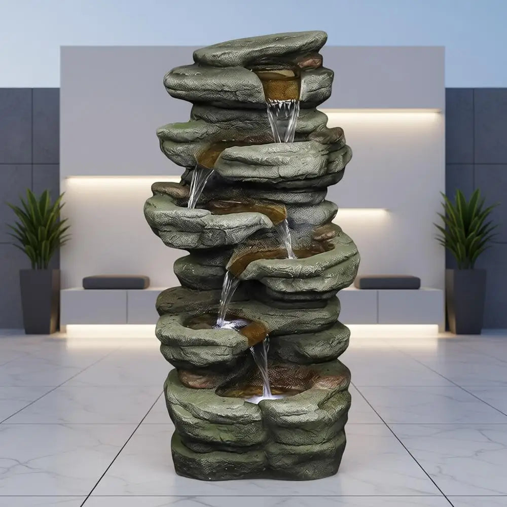 6-Tier Rock Waterfall Fountain with LED Lights, 30.7 Outdoor Home Garden Decor