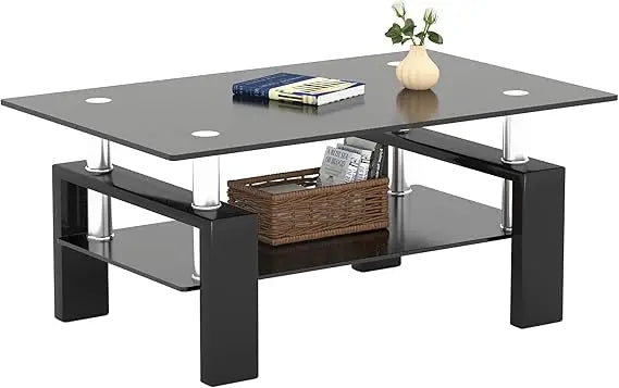 Modern 2-Tier Glass Coffee Table – Rectangular Black Glass Living Room Side Table