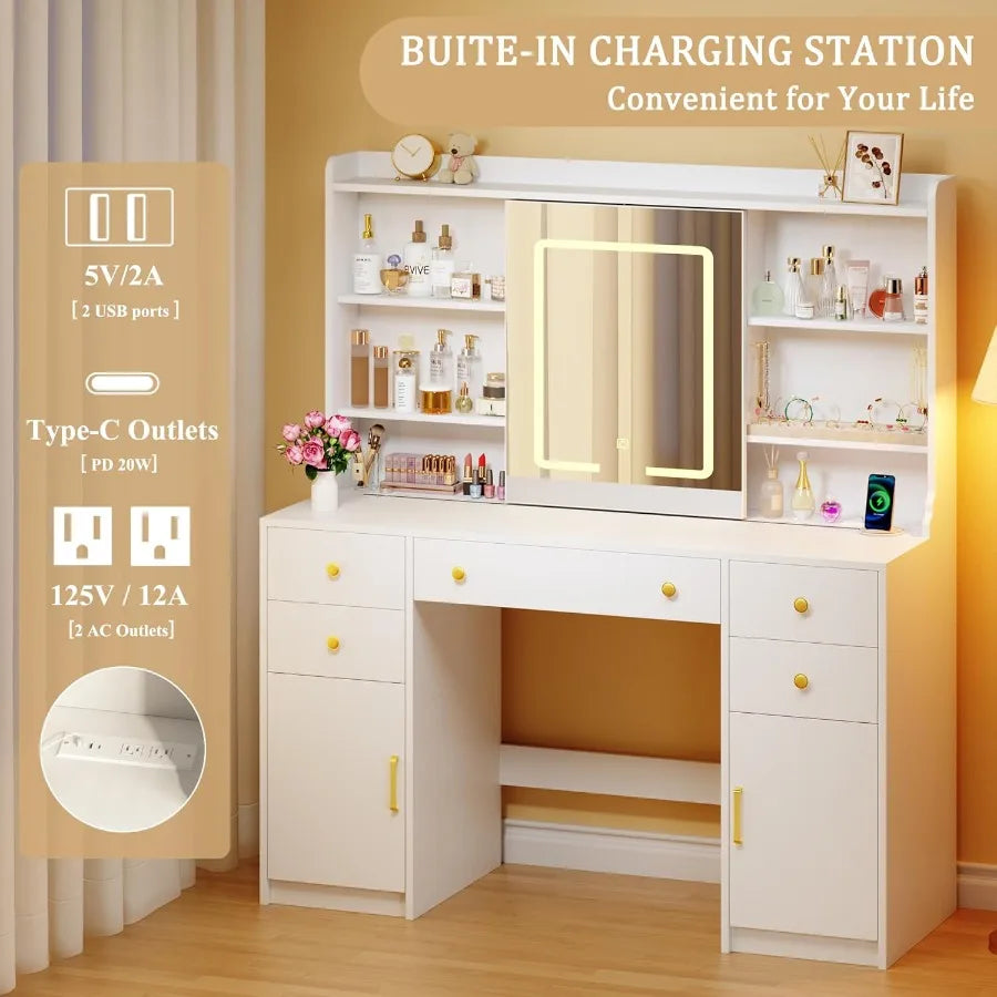 White Vanity Desk with LED Lights and Sliding Mirror for Bedroom 5 Drawers 2 Cabinets 6 Shelves Power Outlet Modern Makeup Desk