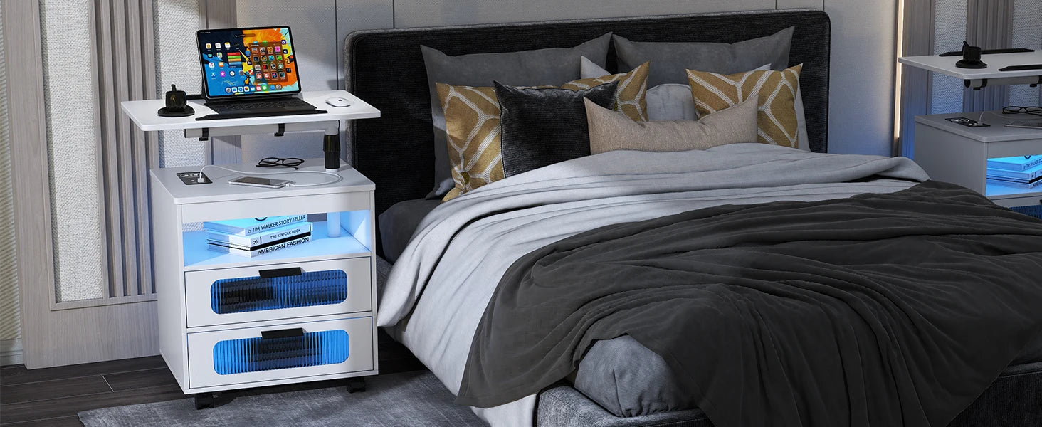 Nightstand with Wireless Charging Station, LED Nightstand Has Adjustable Rotary Workstation,Smart Night Stand