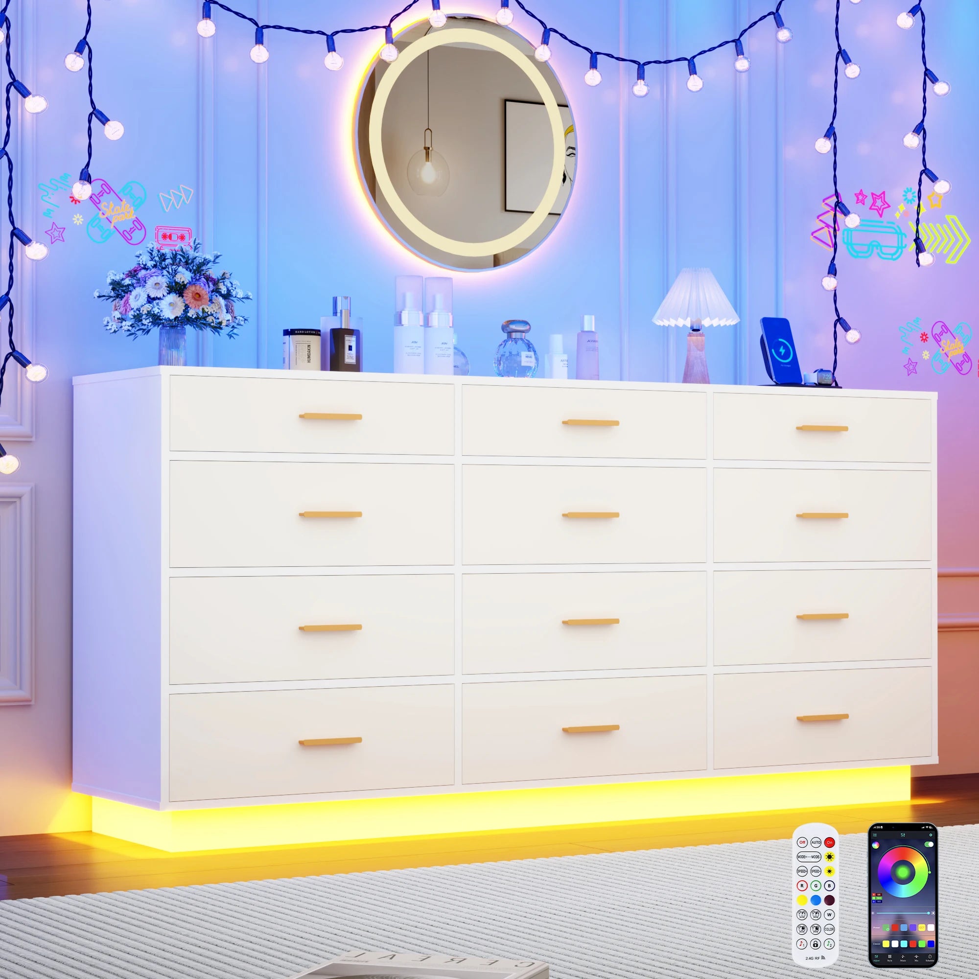 63'' Modern Chest of Drawers with Power Outlets & LED Lights, 12 Drawer Dresser for Bedroom, Wood Dresser for Living Room