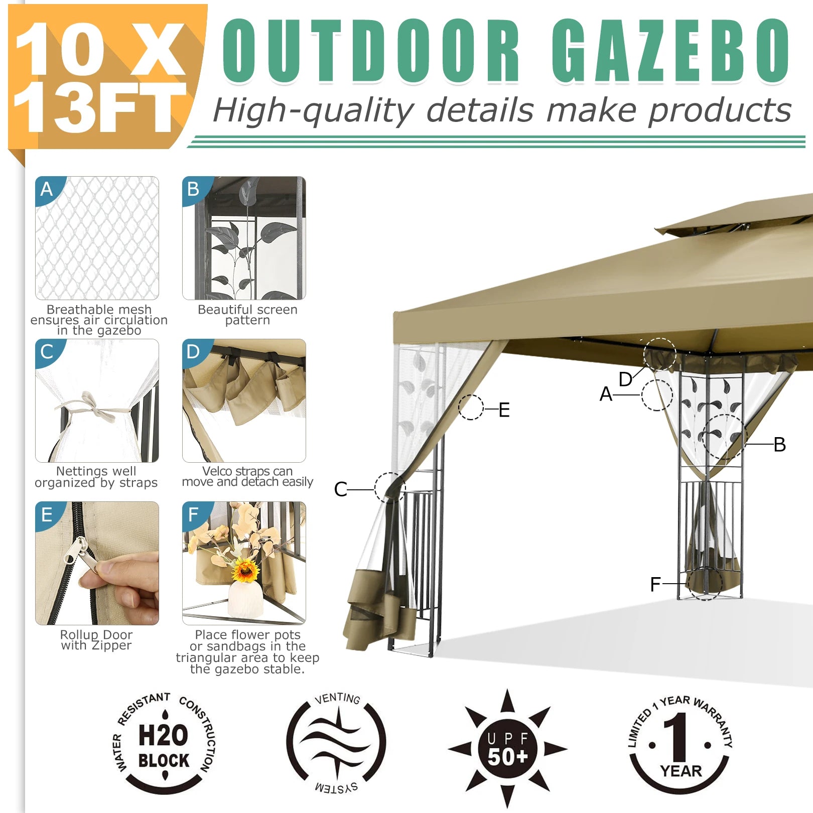 10x13 Outdoor Gazebo on Clearance with Mosquito Netting and Ventilated Double Flat Roof,All Weather for Patio,Backyard,Garden
