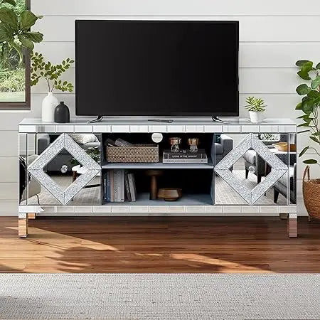 Mirrored TV Stand, Silver TV Cabinet with 2 Storage Cabinets and Open Shelves, 60" TV Cabinet for Living Room, Entertainment Cen