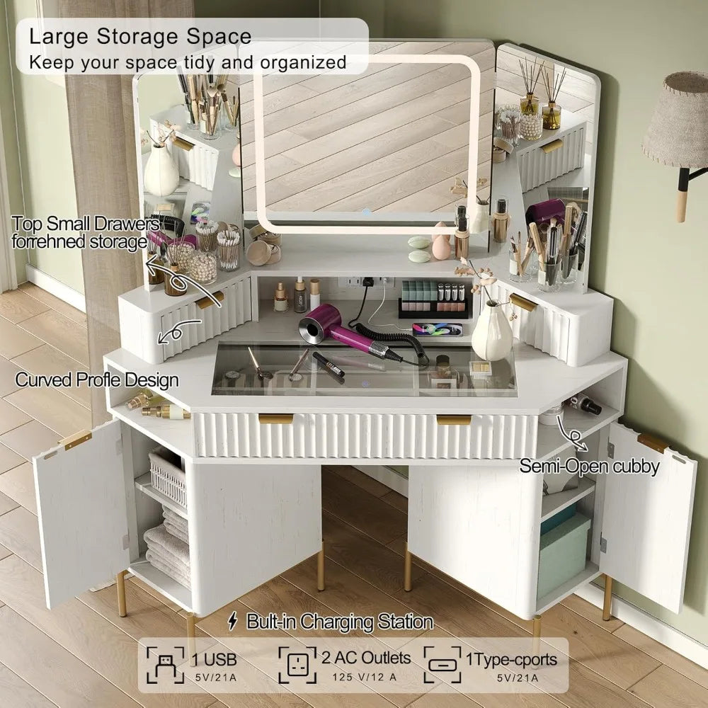 48'' Modern Vanity Desk with HD Triple Mirror & Lights,Large Corner Vanity Table with Glass Top, Charging Station,1Multifunction