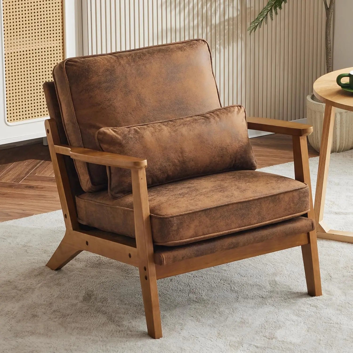 Mid-Century Lounge Accent Chair – Teddy Fleece Armchair with Wide Armrests