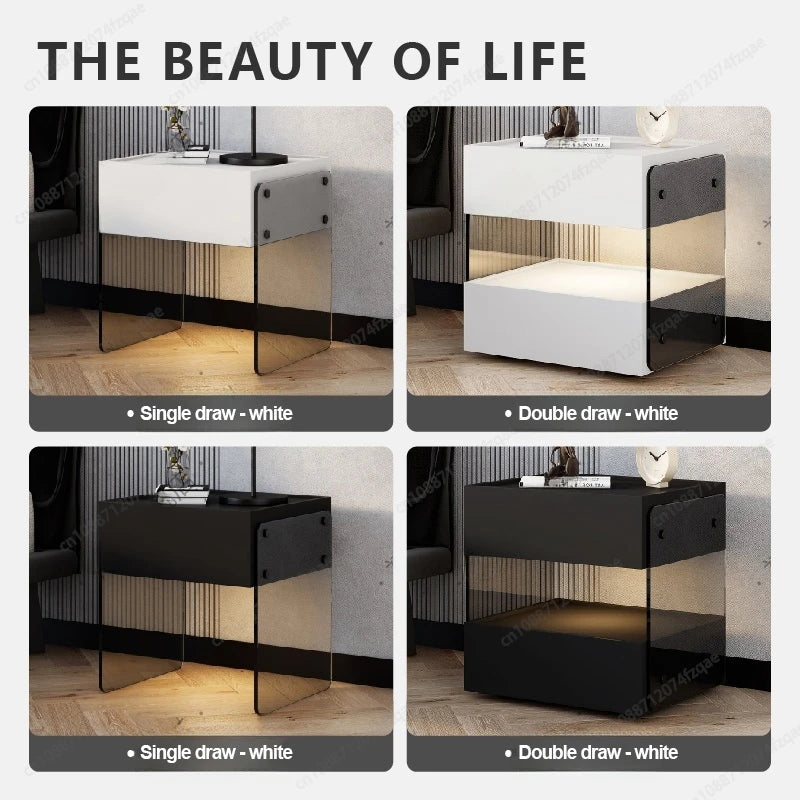Italian Design Bedside Cabinet with Tempered Glass and Silent Drawer Organizer for Home Bedroom Furniture Eco Friendly Material
