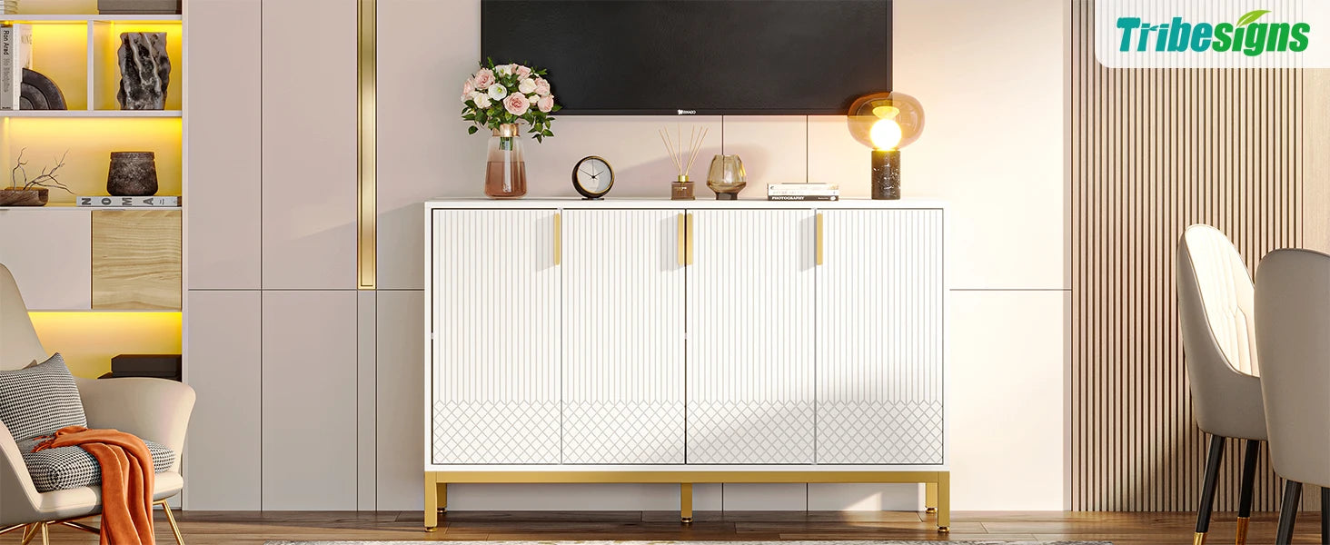 Tribesigns Modern Storage Cabinet, 59 Inch Console Cabinet Sideboard Buffet Cabinet with 4 Doors & Gold Metal Base