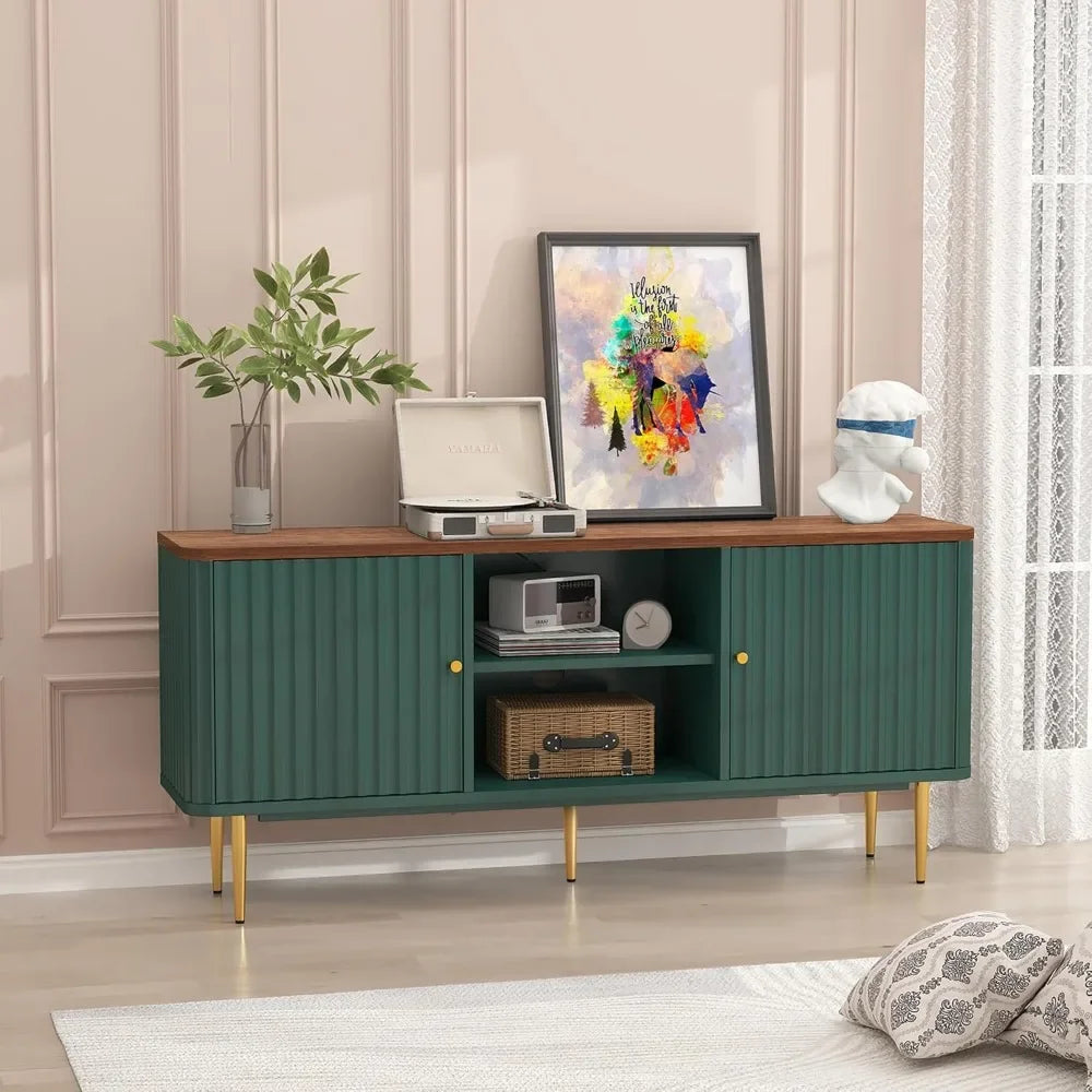 55” Fluted TV Stand, Mid Century Modern Green TV Stand for 55/60/65 inch TV, Entertainment Center with Storage,