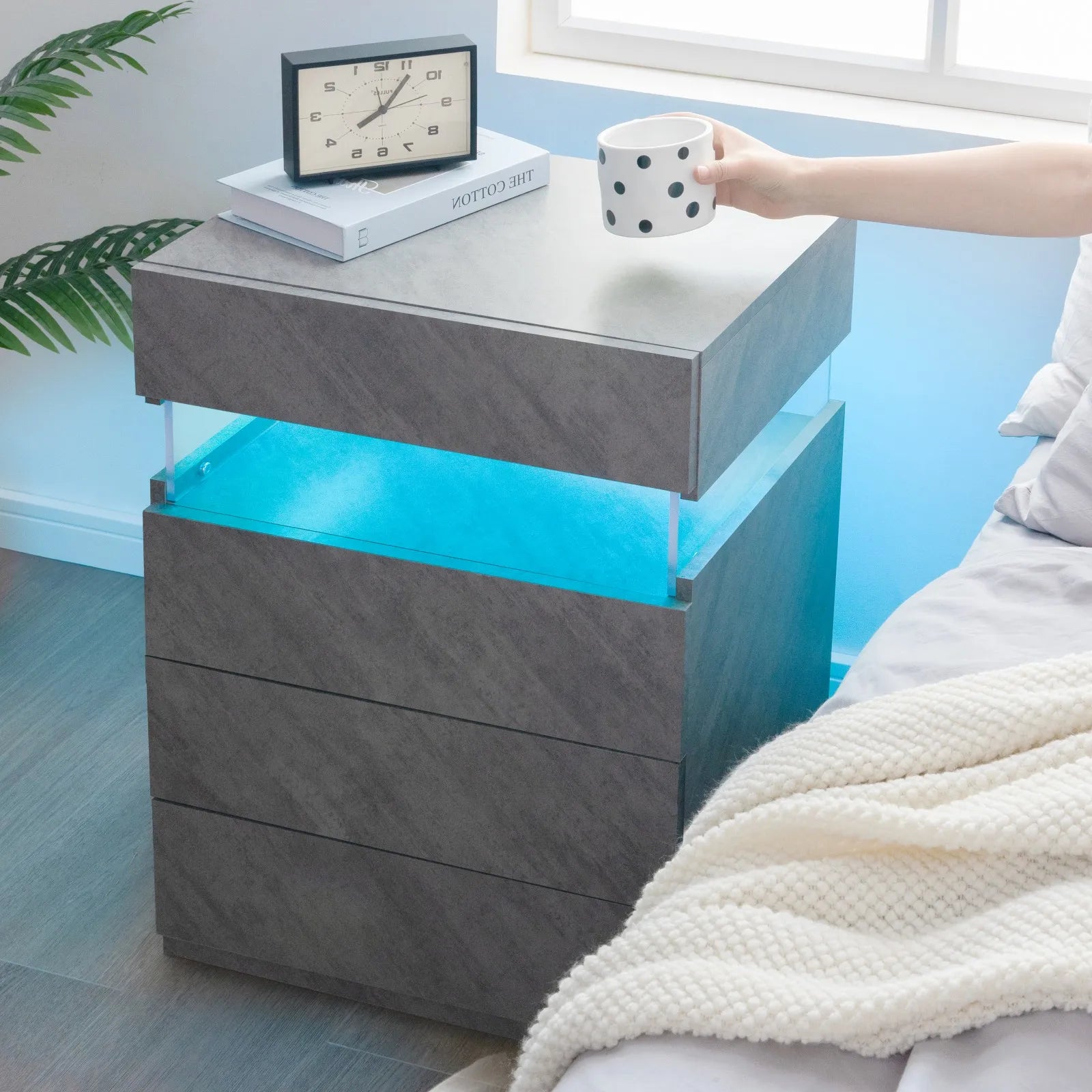 Cubehom LED Nightstand,Modern Night Stand with 4 Drawers,Large Capacity,Multi-Color LED Lights,End Side Table for Bedroom