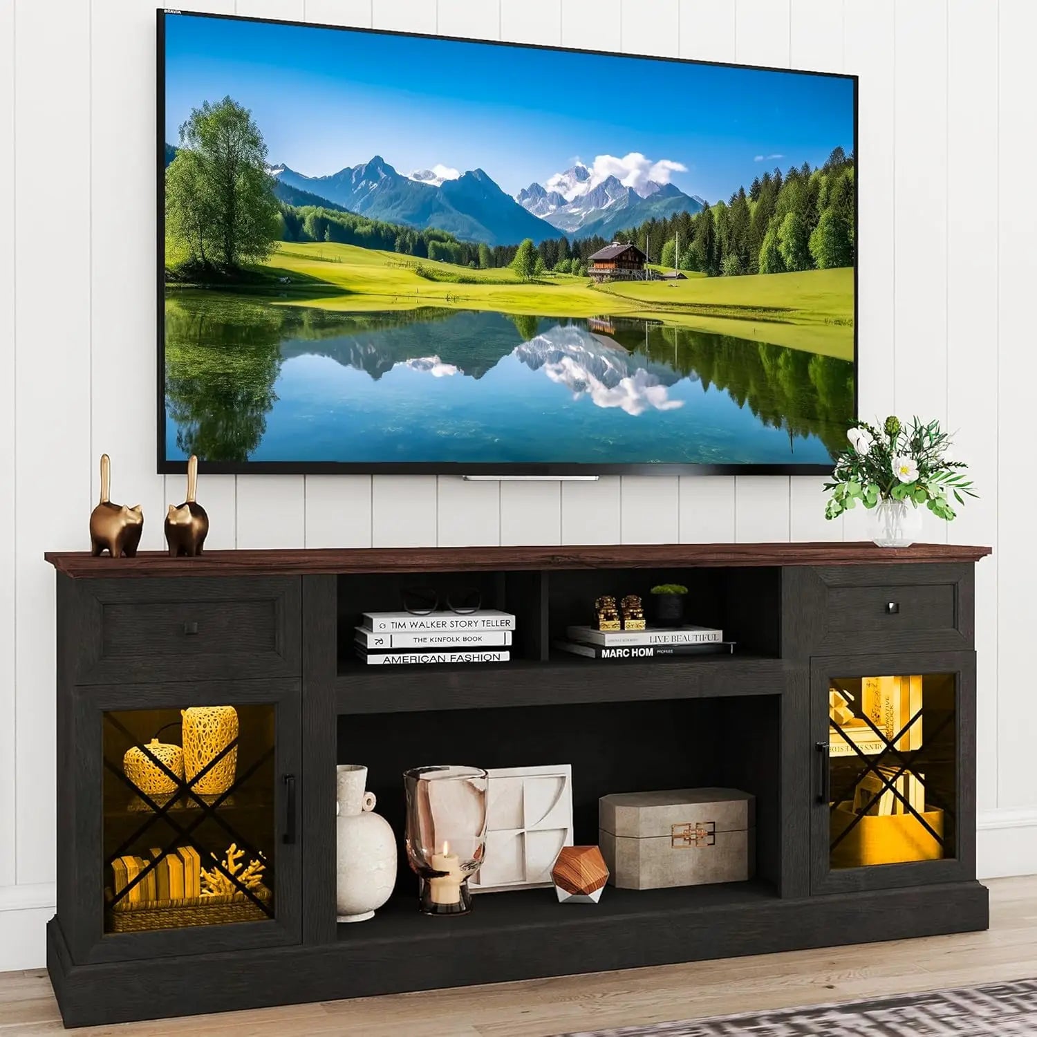 70 Inch Farmhouse TV Stand Table for 75 80 inch TV, Modern Entertainment Center with LED Lights and Glass Doors, Wooden