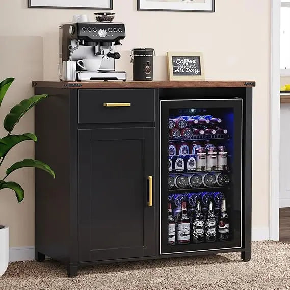 Modern Coffee Bar Cabinet with Mini Fridge Space – Compact Liquor & Wine Stand